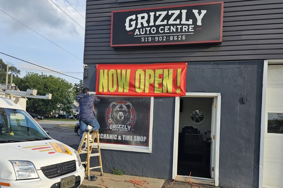 Perforated window film installed, Grizzly Auto Centre, London, Ontario