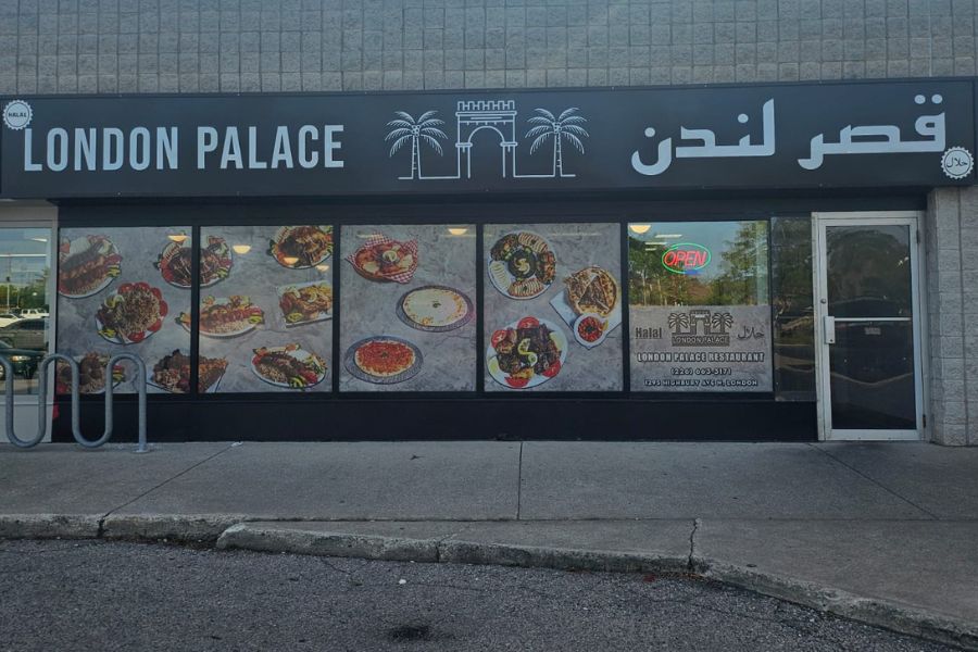 Perforated window film installed, London Palace, London, Ontario