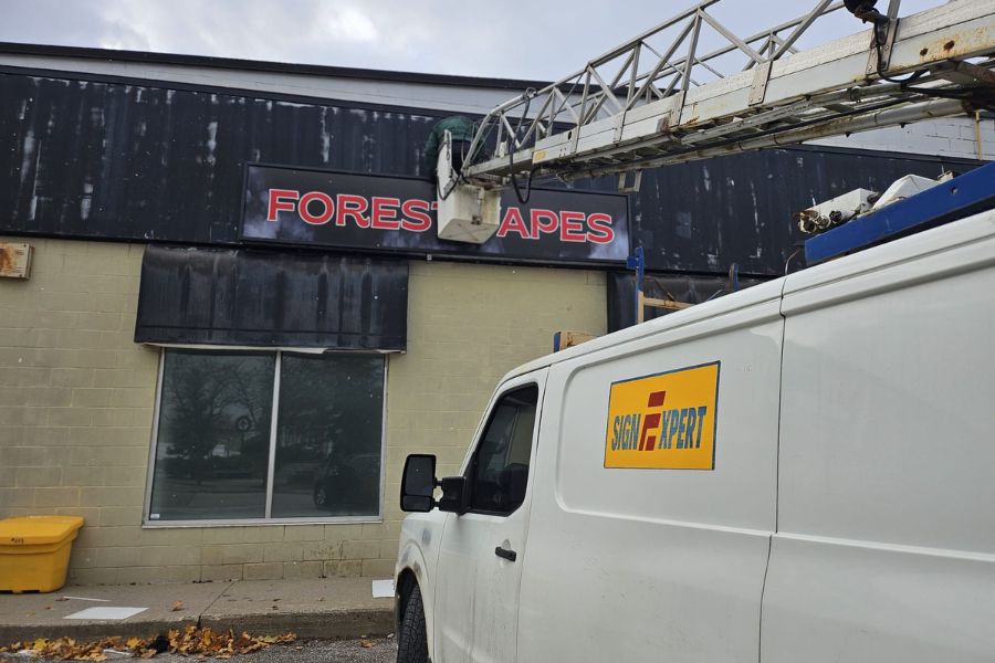 Signage installation, Forest Vapes, Forest, Ontario