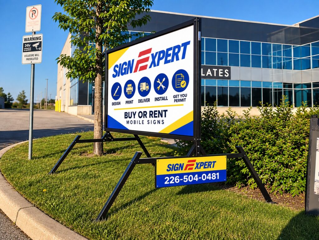 Portable mobile sign on a trailer for rent, Sign Expert, London, Ontario